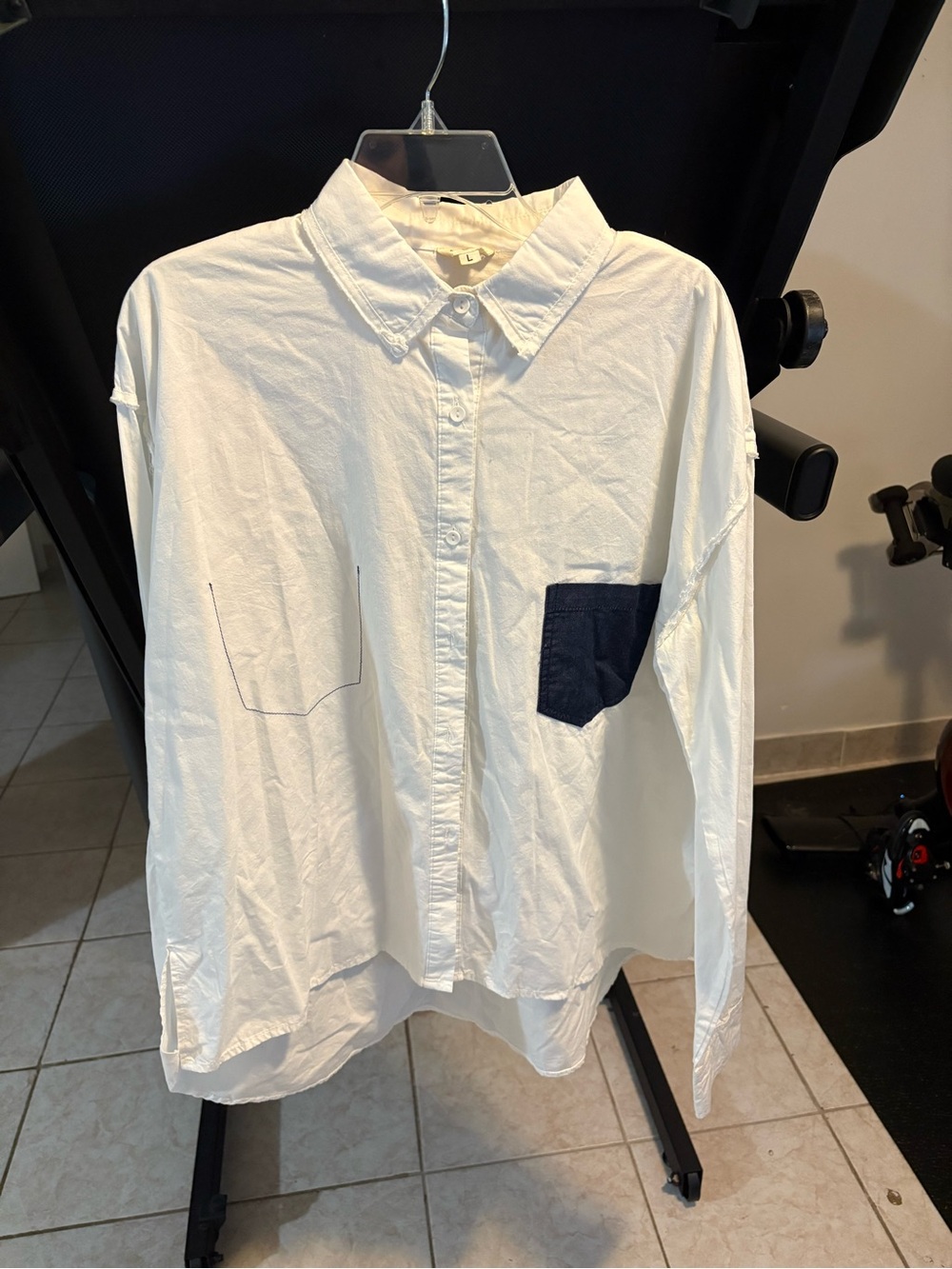 Women’s White Button-Down Shirt with Navy Pocket
